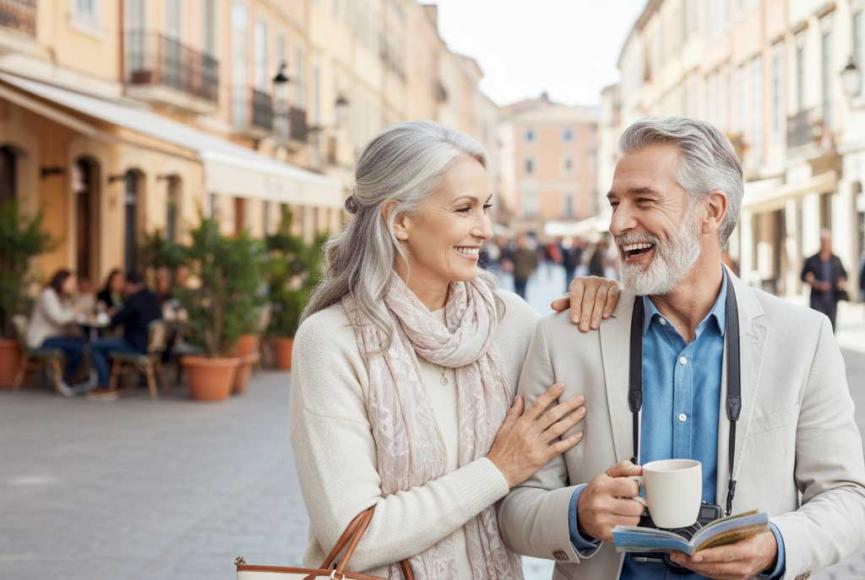 Pareja senior que ha aprendido idiomas en Lacunza conversando con confianza y naturalidad durante un viaje por una ciudad europea